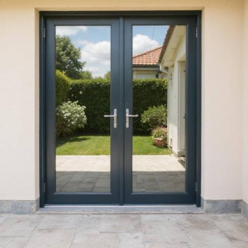 Drzwi tarasowe pokryte folią lustrzaną, która zapewnia nowoczesny wygląd.