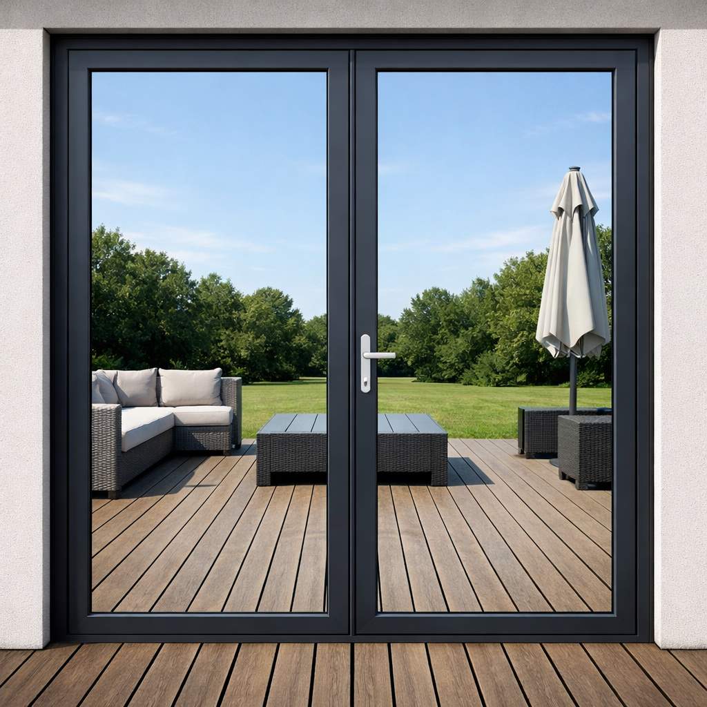 Drzwi tarasowe pokryte folią lustro weneckie odbijającą światło. Najlepszy sposób na podglądaczy.