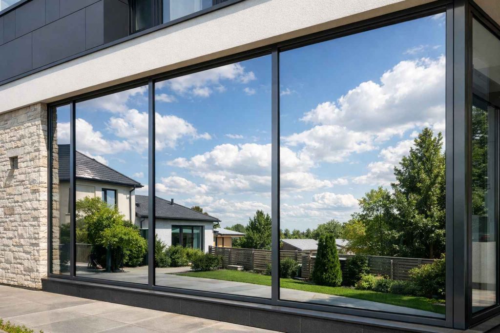 Elewacja domu z dużymi oknami z folią lustro weneckie tworzącą wyraźny efekt lustrzanego odbicia otoczenia w ciągu dnia