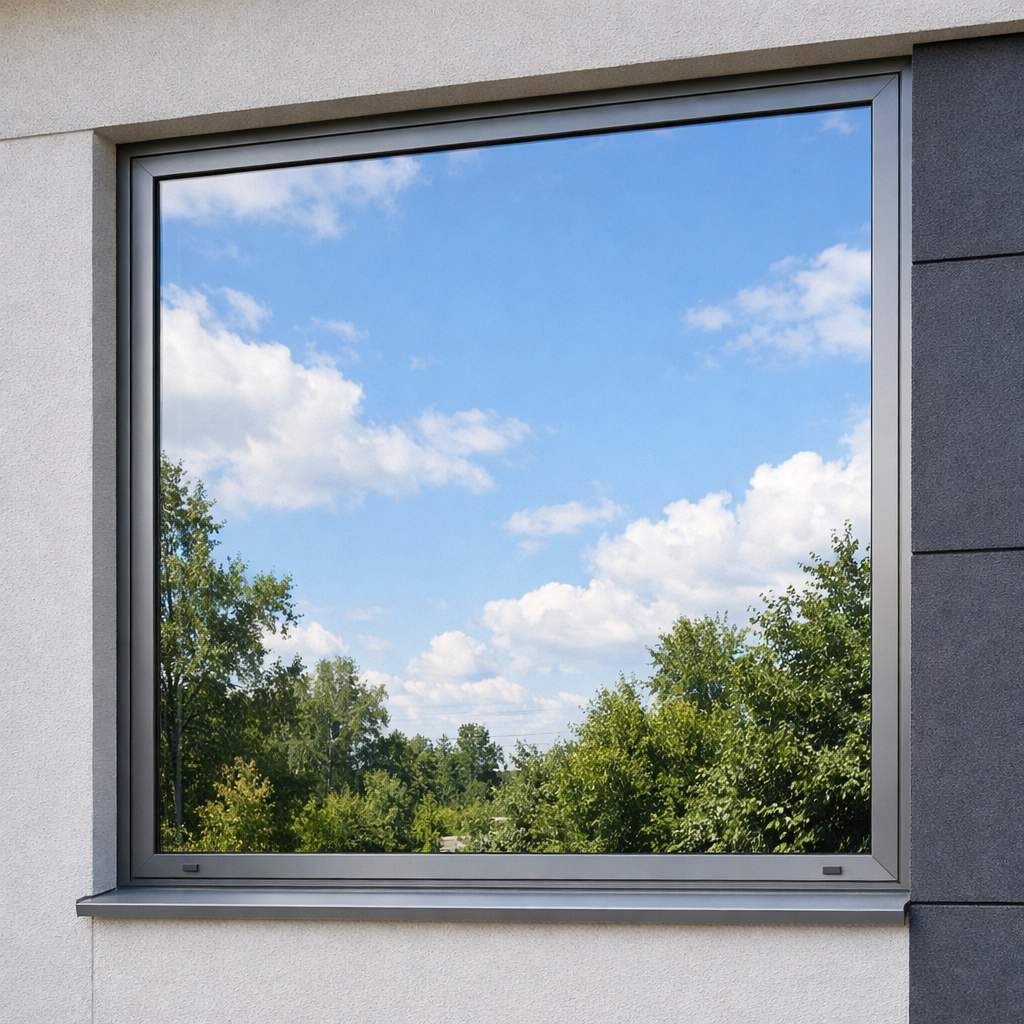 Okno budynku z zewnętrznej strony pokryte folią lustro weneckie odbijające niebo i drzewa w naturalnym świetle dziennym