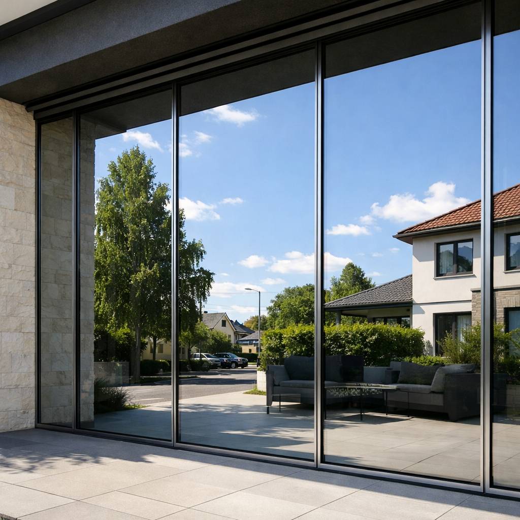 Folia przeciwsłoneczna Lustro weneckie na szybie tarasowej chroni przed podglądaniem.