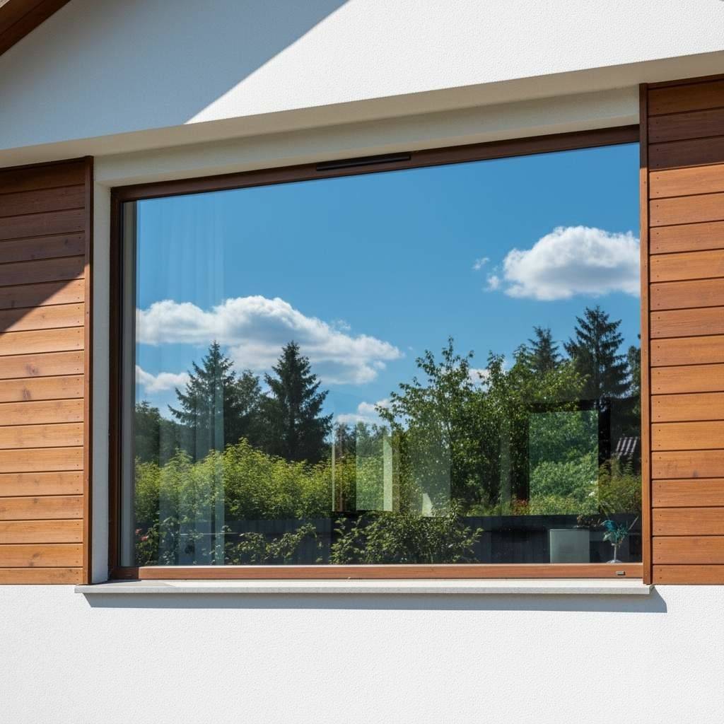 Okno łazienkowe pokryte folią lustro weneckie zapewniającą prywatność.