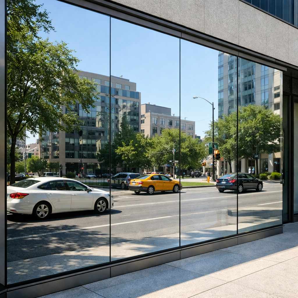 Folia okienna od strony ruchliwej ulicy lustro weneckie zapewniająca prywatność w ciągu dnia.