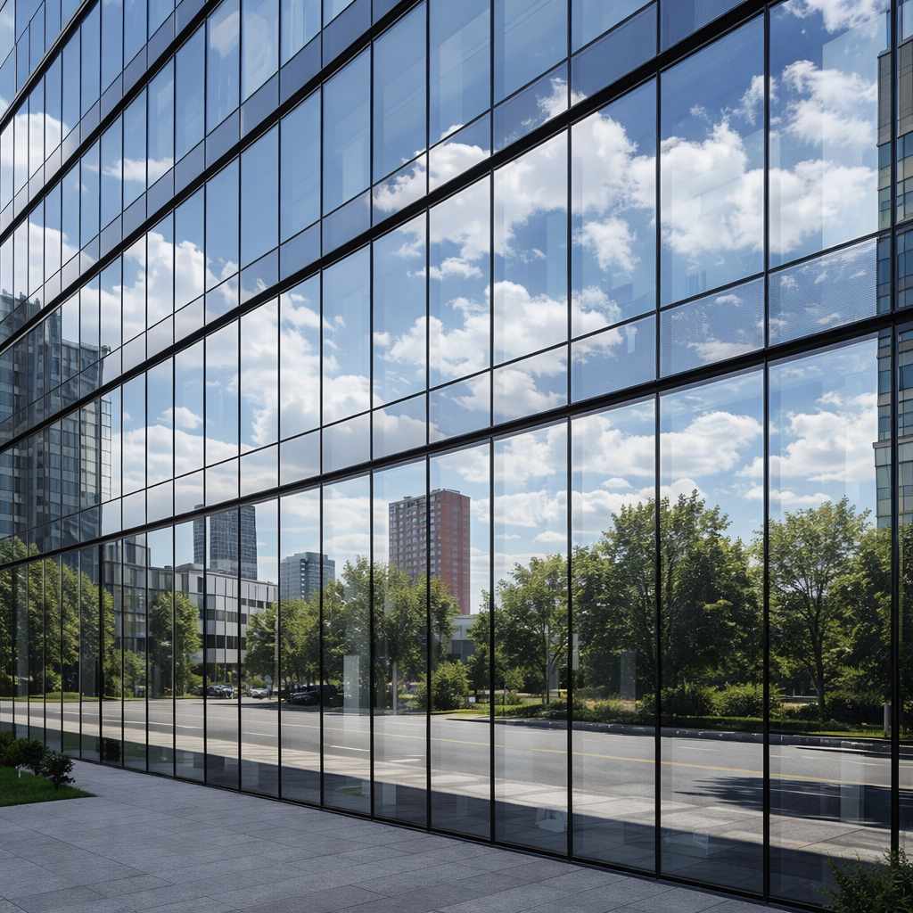 Zdjęcie przedstawiające nowoczesny biurowiec z przeszkloną elewacją pokrytą folią lustro weneckie, odbijającą błękitne niebo, chmury, drzewa oraz zabudowę miejską w słoneczny dzień