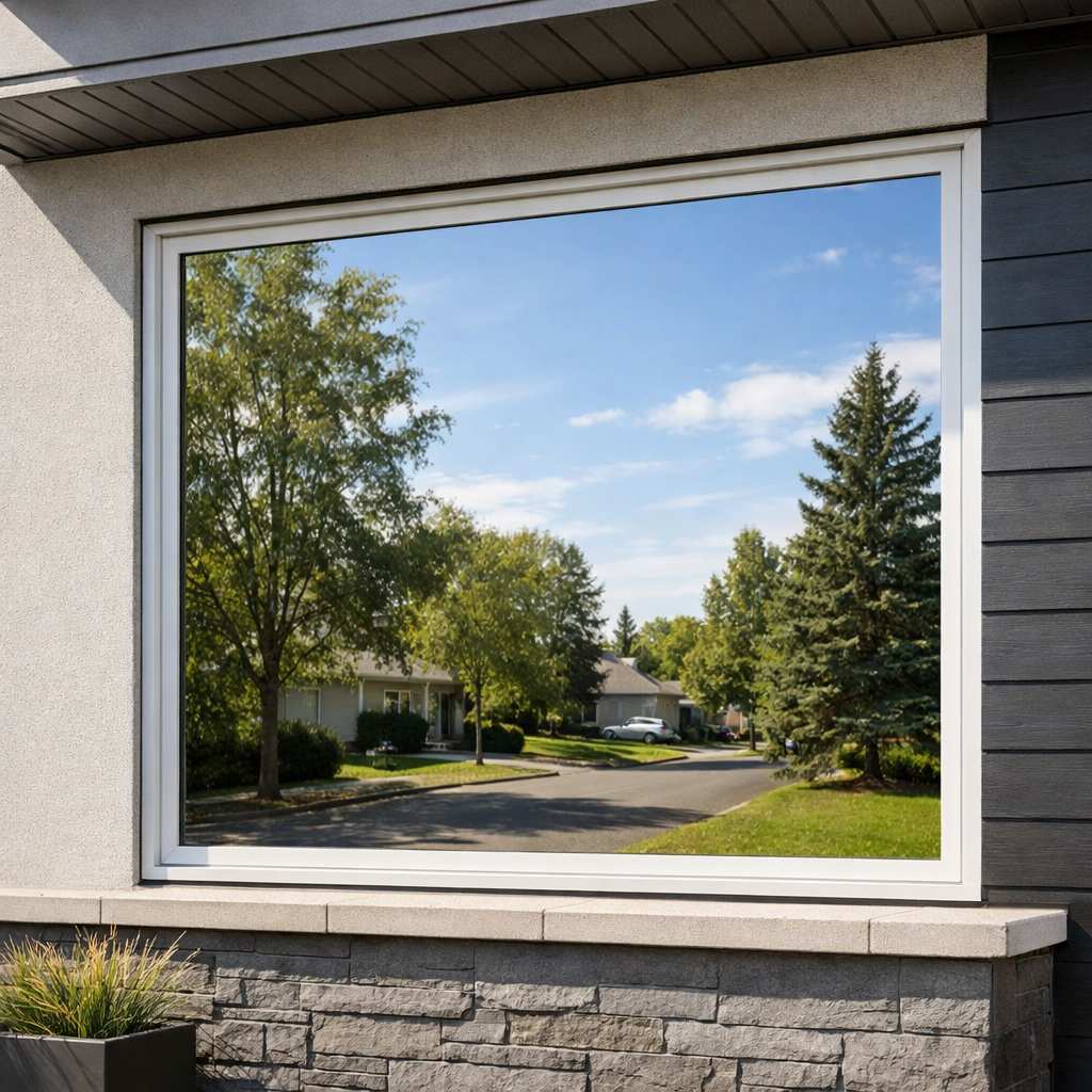 Folia lustro weneckie na oknie domu – efekt lustrzanego odbicia zapewniający prywatność od strony ulicy