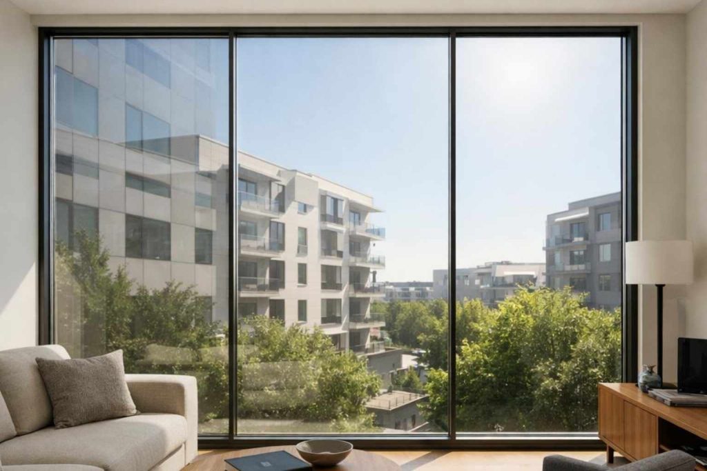 Widok z wnętrza przez okno z folią lustro weneckie – prywatność w dzień i naturalne światło w pomieszczeniu