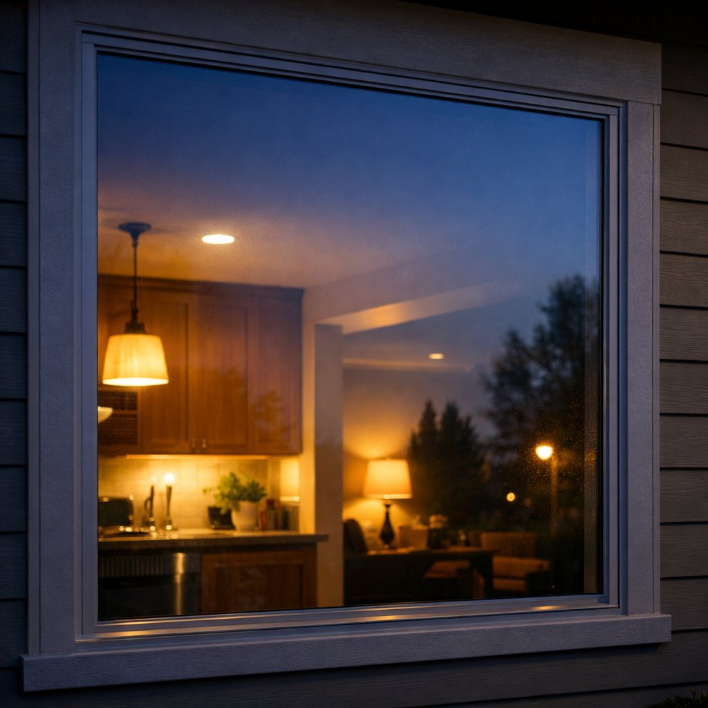 Okno z folią lustro weneckie widziane z zewnątrz po zmroku z delikatnym odbiciem otoczenia na szybie i widocznym oświetlonym wnętrzem