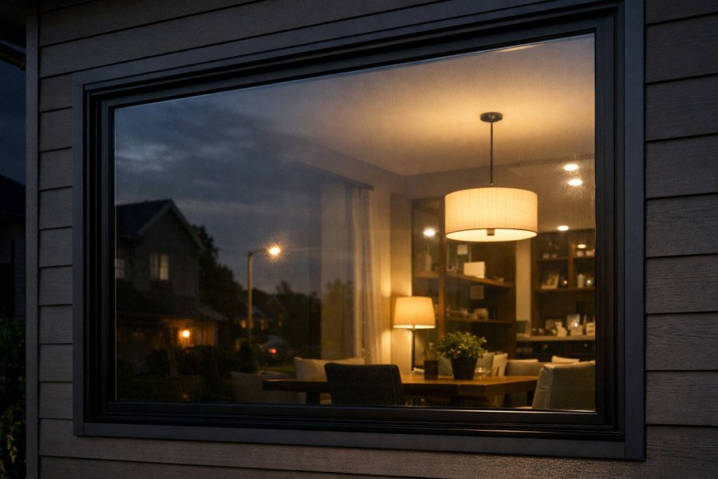 Okno domu z folią lustro weneckie w nocy z subtelnym lustrzanym refleksem na szkle oraz ciepłym światłem wnętrza widocznym z zewnątrz